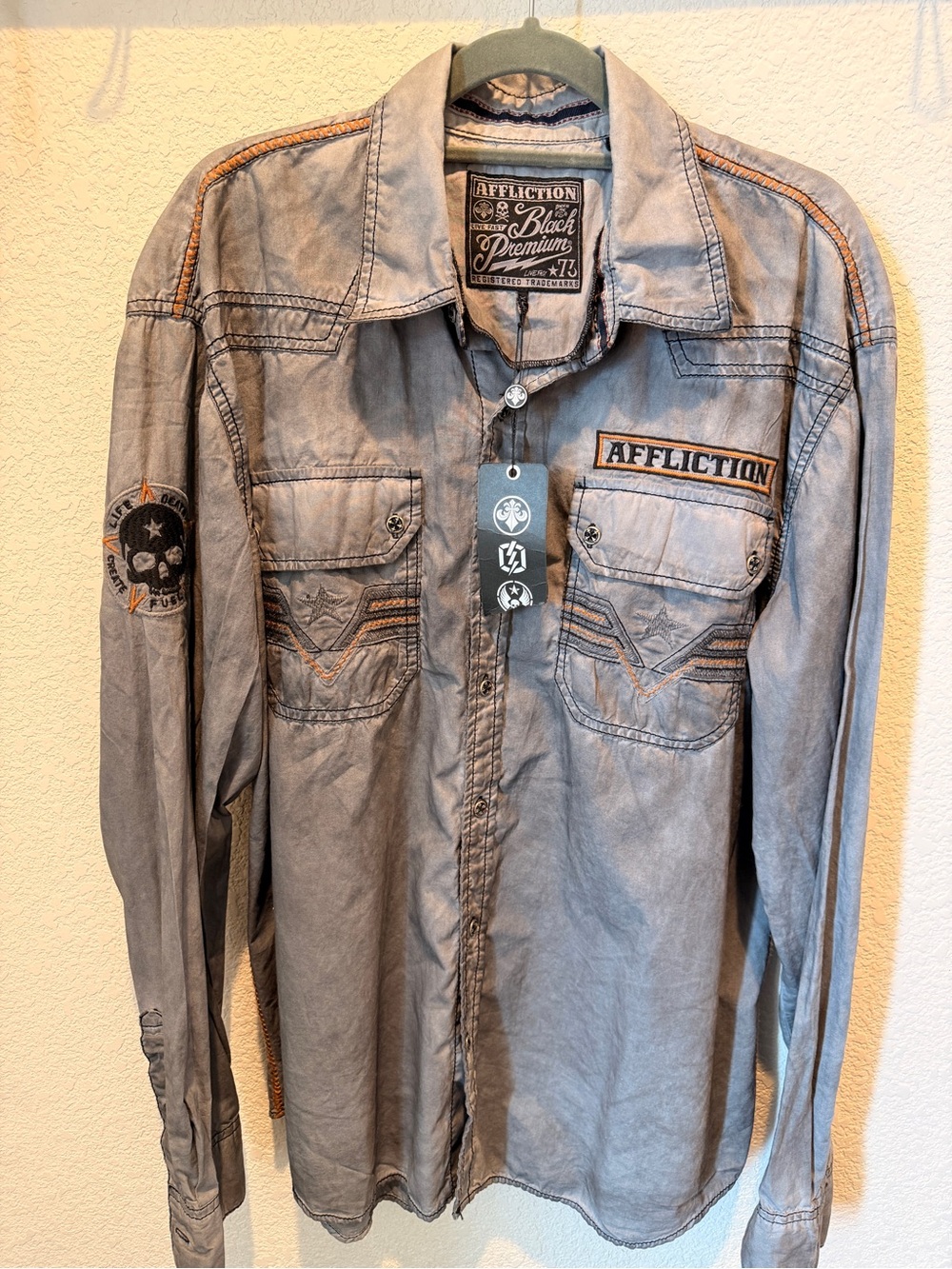 RARE Affliction Gray Button-Down Shirt with Orange Star Skull Embroidery NWTs